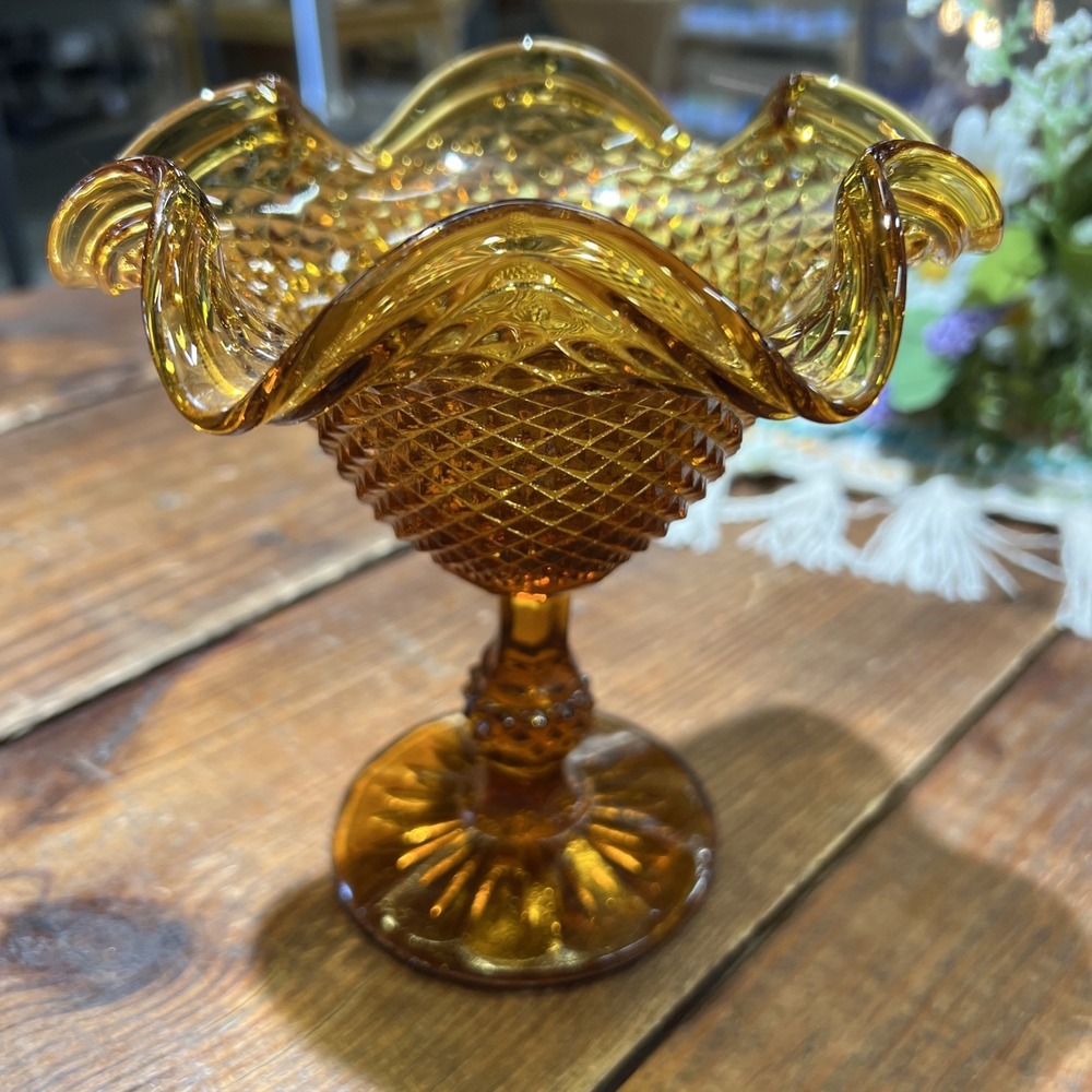 Indiana Glass Fluted Compote Diamond Point Candy Dish Amber Pedestal Ball Stem